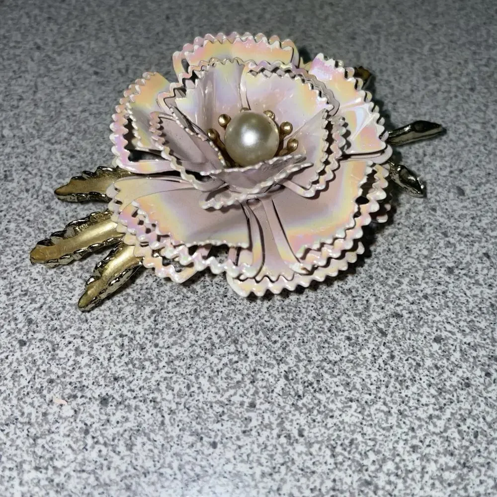 Vintage Gold Tone Metal Flowers Faux Pearl Large 3D Brooch Estate Statement